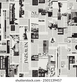 seamless pattern with collage of newspaper or magazine clippings. Vector background in retro style with titles, illustrations and imitation of text. Suitable for wallpaper, wrapping paper