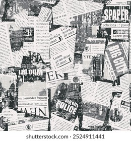 seamless pattern with collage of newspaper or magazine clippings. Vector background in retro grunge style with titles, illustrations city and imitation of text. Suitable for wallpaper, wrapping paper