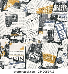 seamless pattern with collage of newspaper or magazine clippings. Vector background in retro grunge style with titles, illustrations city and imitation of text. Suitable for wallpaper, wrapping paper