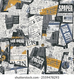 seamless pattern with collage of newspaper or magazine clippings. Vector background in retro grunge style with titles, illustrations city and imitation of text. Suitable for wallpaper, wrapping paper