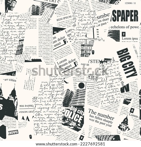Seamless pattern with collage of newspaper or magazine clippings. Retro style vector background with titles, illustrations and imitation text. Suitable for wallpaper design, wrapping paper, fabric