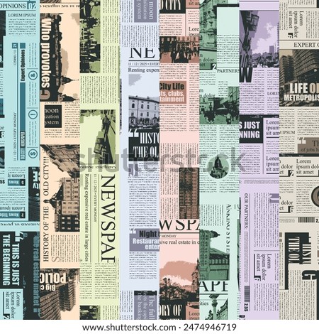 seamless pattern with collage of newspaper or magazine clippings. Vector background in retro style with titles, illustrations and imitation of text. Suitable for wallpaper, wrapping paper, fabric