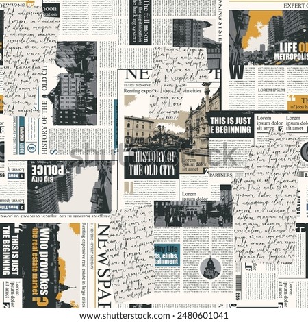 seamless pattern with collage of newspaper or magazine clippings. Vector background in retro style with titles, illustrations and imitation of text. Suitable for wallpaper, wrapping paper, fabric