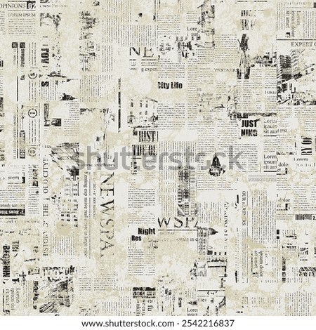 seamless pattern with collage of newspaper or magazine clippings. Vector background in retro style with titles, illustrations and imitation of text. Suitable for wallpaper, wrapping paper, fabric
