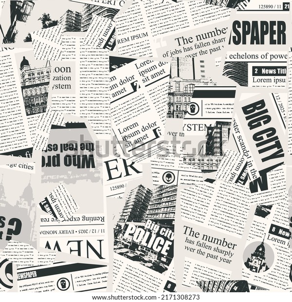 Seamless pattern with a collage of newspaper or\
magazine clippings. Retro style vector background with titles,\
illustrations and imitation text. Suitable for wallpaper design,\
wrapping paper,\
fabric