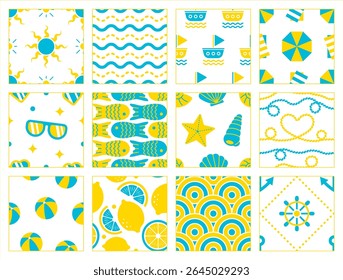 Seamless pattern collection of 12 summer-themed elements including sun, waves, umbrellas, lemons, shells, and more in yellow and blue tones.