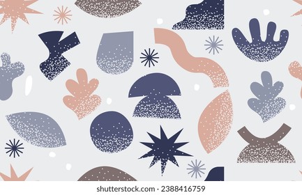 Seamless pattern with collection of abstract graphic shapes with noisy gradient effect. Dark shapes and objects. Elements of minimalism in style of modern art. Minimalist elements in the style