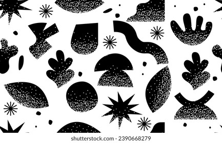 Seamless pattern with collection of abstract graphic shapes with noisy gradient effect. Dark shapes and objects. Elements of minimalism in style of modern art. Minimalist elements in the style