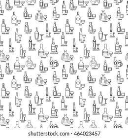 Seamless pattern collection of alcohol bottles in a flat line style - vector illustration.