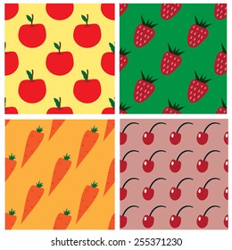 Seamless pattern collection with apples, strawberries, carrots and cherry