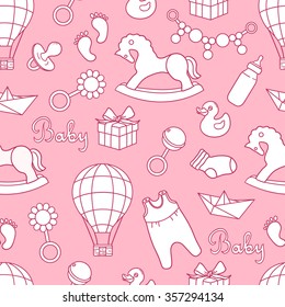 Seamless pattern with collection of baby toys, hand drawn icons. Design background vector. Pink and white illustration with objects. Decorative wallpaper, good for printing