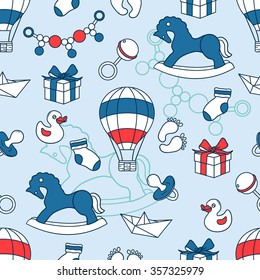 Seamless pattern with collection of baby toys, hand drawn icons. Design background vector. Colorful illustration with objects. Decorative wallpaper, good for printing