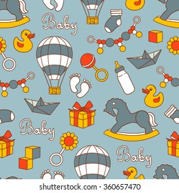 Seamless pattern with collection of baby toys, hand drawn icons. Design background vector. Colorful illustration with objects. Decorative wallpaper, good for printing