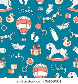 Seamless pattern with collection of baby toys, hand drawn icons. Design background vector. Colorful illustration with objects. Decorative wallpaper, good for printing