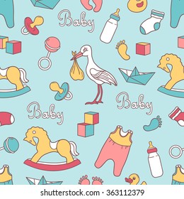 Seamless pattern with collection of baby toys, hand drawn icons. Design background vector. Colorful illustration with objects. Decorative wallpaper, good for printing