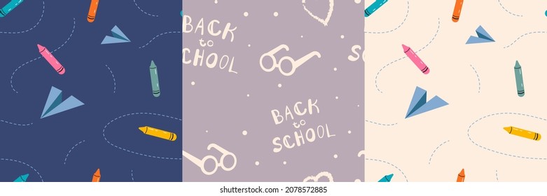 Seamless pattern collection. Back to school concept. Hand draw doodle illustration with pencils, paper airplane, glasses, markers. Vector