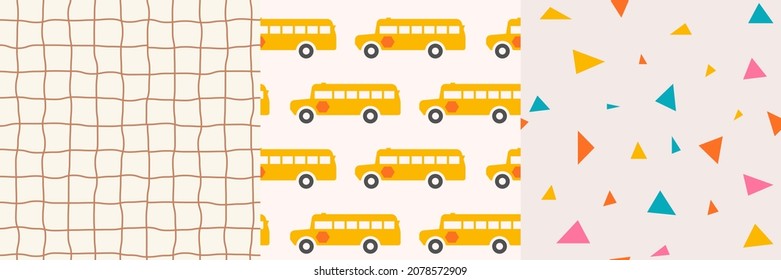 Seamless pattern collection. Back to school concept. Hand draw doodle illustration with bus, geometric figure, checkered. Vector