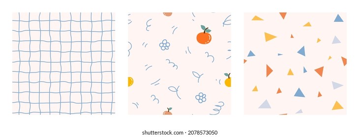 Seamless pattern collection. Back to school concept. Hand draw doodle illustration abstract, checkered. Vector