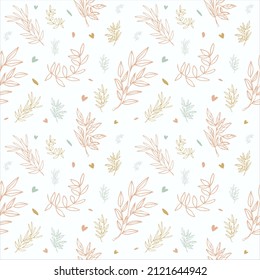 Seamless pattern with a collection of botanical leaves in delicate colors. linear leaves flat illustration. Abstract plant art design for print, cover, wallpaper, minimal and natural background art