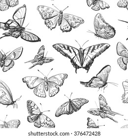 Seamless pattern a collection of butterflies. Hand drawn