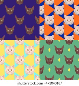 Seamless pattern collection with cat portraits, set of vector illustrations for background, wrap, scrapbook, wallpaper