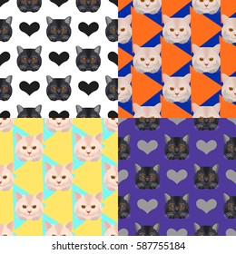 Seamless pattern collection with cat portraits, set of vector illustrations for background, wrap, scrapbook, wallpaper