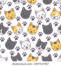 seamless pattern of a collection of cats decorated with black footprints and a transparent background