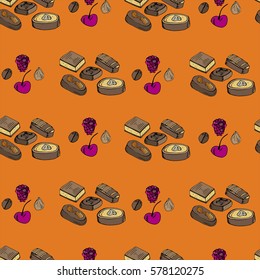 Seamless pattern with collection of chocolate, nuts, coffee grain and berries
 on orange background. Endless texture for festive design.