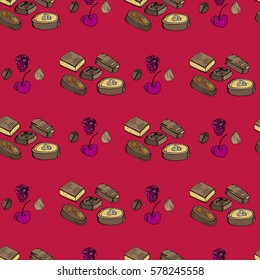 Seamless pattern with collection of chocolate, nuts, coffee grain  and berries on crimson background. Endless texture for festive design.