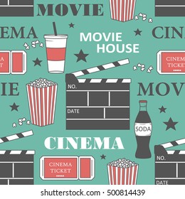 Seamless pattern with collection of cinema symbols, hand drawn icons. Colorful backdrop vector. Cinema icon and entertainment icon set, cinema sing. Wallpaper movie time