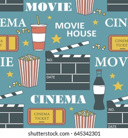 Seamless pattern with collection of cinema symbols, hand drawn icons. Colorful backdrop vector. Cinema icon and entertainment icon set, cinema sing. Decorative wallpaper, good for printing