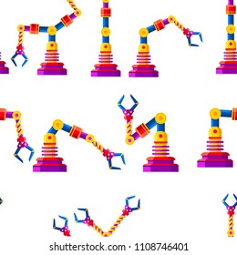 Seamless pattern. Collection of color robotic arms, hands. Vector robot icons collection. Industrial technology and factory symbols. Flat illustration on white background.