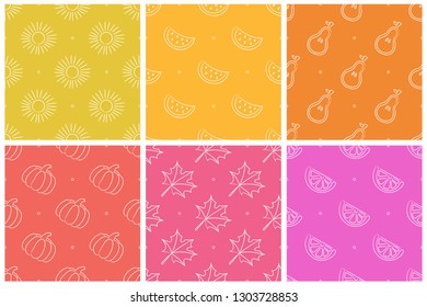 Seamless pattern collection. Color vector background set. Fruit texture group. Sun, leaf, watermelon, pear, tangerine, orange. Doodle sketch wallpaper