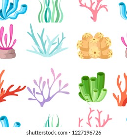 Seamless pattern. Collection of colorful corals and seaweed. Deep sea floral design. Ocean flora and fauna. Flat vector illustration on white background.