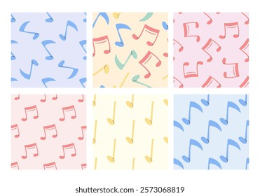 Seamless pattern collection with colorful musical notes on pastel background

