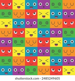 seamless pattern, a collection of colorful rectangular emoticons