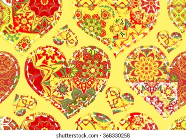 Seamless pattern with collection colorful red green hearts in vintage patchwork style on yellow background.