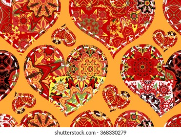 Seamless pattern with collection colorful red  hearts in vintage patchwork style on orange background.
