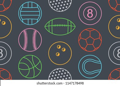 Seamless pattern with collection of Colorfuls Sports Balls. line style. isolated on black background