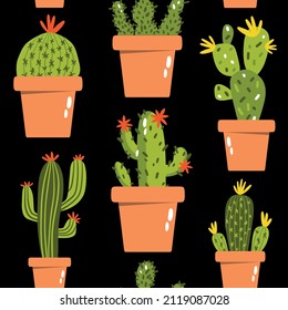Seamless pattern collection of cute cactus and succulents in terracotta pots, vector illustration on black background, for printing on textile, wallpaper, wrapping paper, web design.