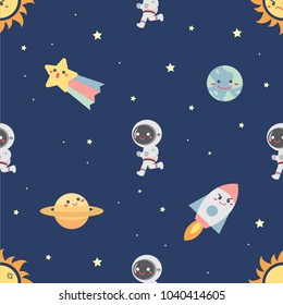 Seamless pattern with collection of cute space object and stars on blue background, vector