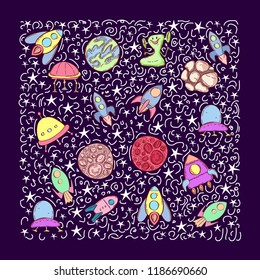 Seamless pattern with collection of cute space object and stars on blue background, vector.