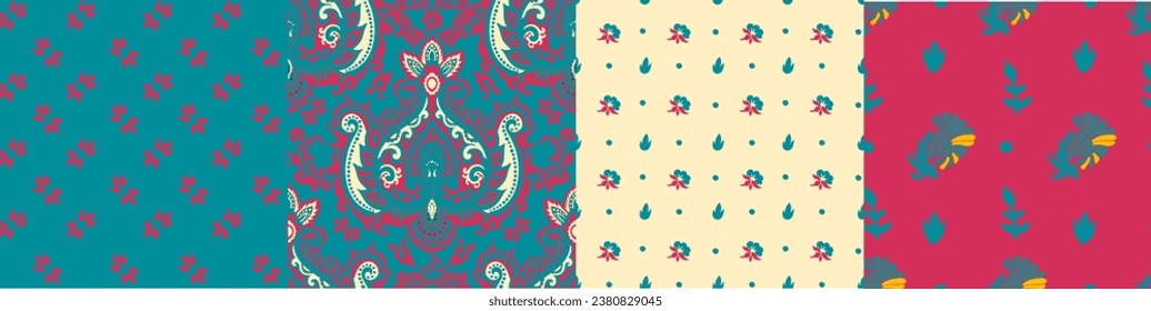 Seamless pattern collection of Damask floral motifs and adornment, isolated flowers branches. Turquoise, fuchsia minimalist flora and botany. Nature and natural leaves and foliage. Vector illustration