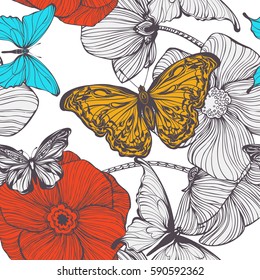 Seamless pattern with collection of different butterflies and flowers for summer and spring design, vintage, boho. Handdrawn separated editable elements, Vector illustration.