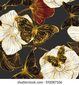Seamless pattern with collection of different butterflies and flowers for summer and spring design, vintage, boho. Handdrawn separated editable elements, Vector illustration.