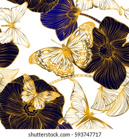 Seamless pattern with collection of different butterflies and flowers for summer and spring design, vintage, boho. Handdrawn separated editable elements, Vector illustration.