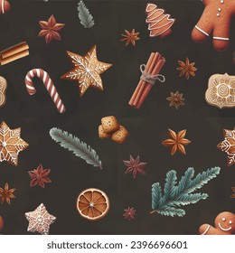 Seamless pattern Collection of different gingerbread cookies on the dark background Watercolor illustration of hand painted christmas cookies: man, tree,stars, candy