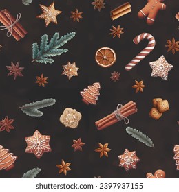 Seamless pattern Collection of different gingerbread cookies on the dark background Watercolor illustration of hand painted christmas cookies: man, tree,stars, candy