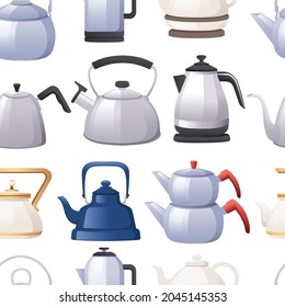 Seamless pattern collection of different types teapots electric coffee ceramic and metal kettles vector illustration on white background