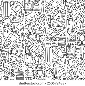 Seamless pattern with collection of doodle-style childish hobbies illustrations. Linear elements - ballet shoes, bow, mike, books, theatre and painting elements. Vector linear illustration.